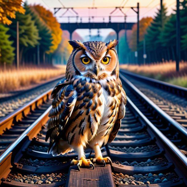 Foto de un búho en el abrigo sobre las vías del ferrocarril