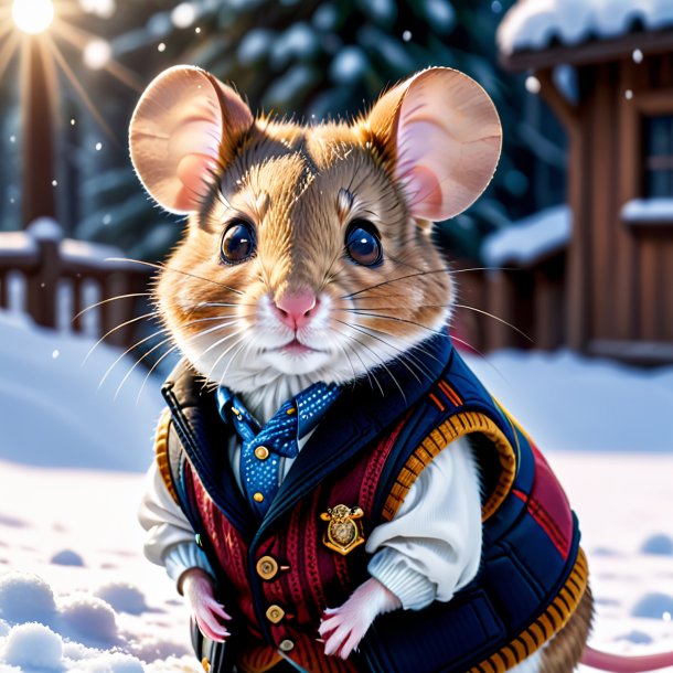 Pic of a mouse in a vest in the snow