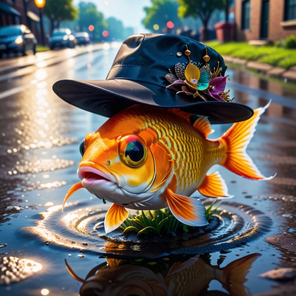 Picture of a fish in a hat in the puddle