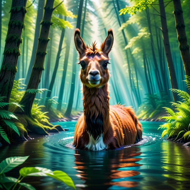 Picture of a swimming of a llama in the forest