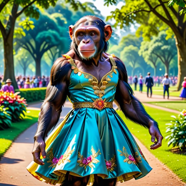 Image of a chimpanzee in a dress in the park