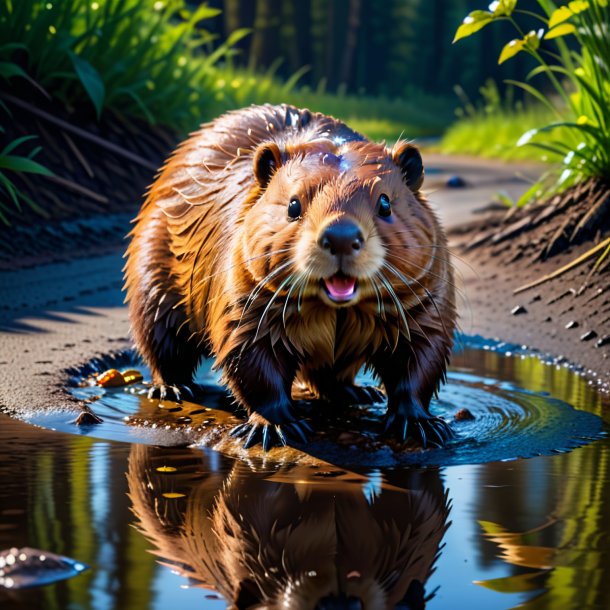 Picture of a drinking of a beaver in the puddle