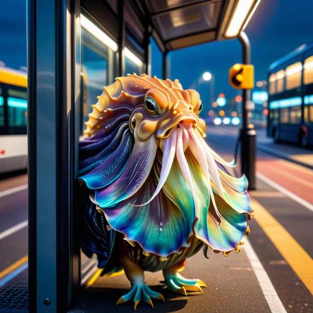 Imagem de um choco em um colete no ponto de ônibus