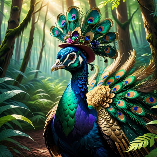 Drawing of a peacock in a hat in the forest