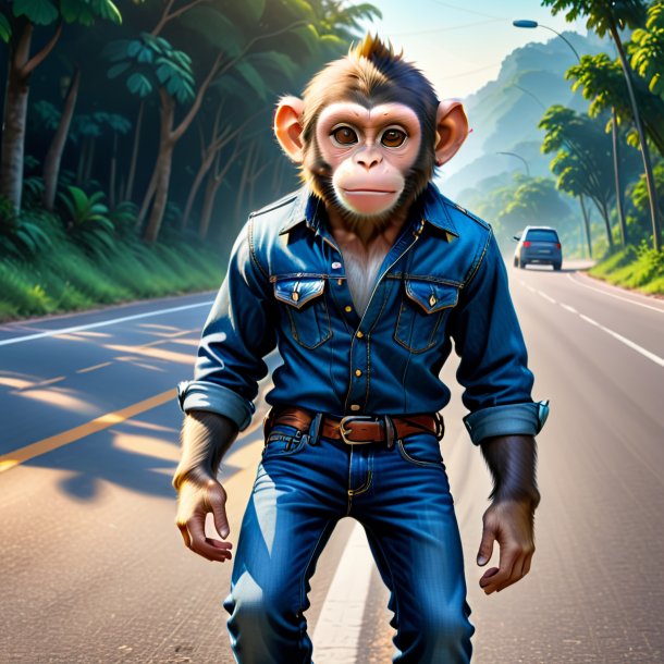 Drawing of a monkey in a jeans on the road