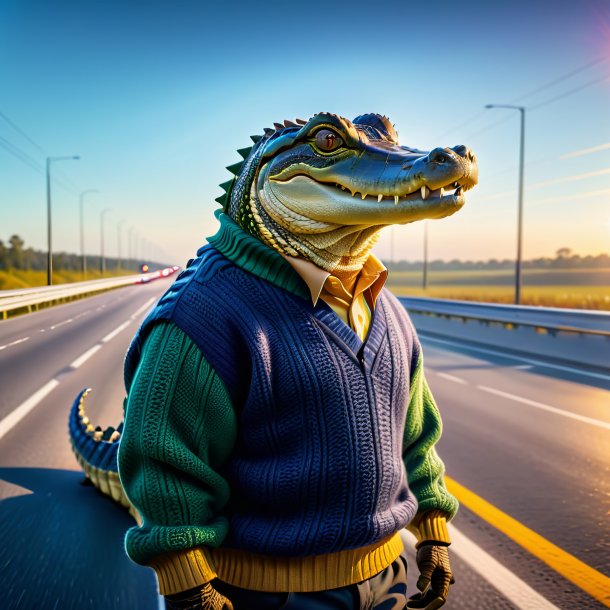 Pic of a alligator in a sweater on the highway