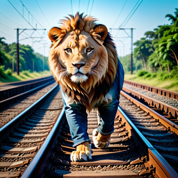 Foto de un león en un jeans en las vías del tren