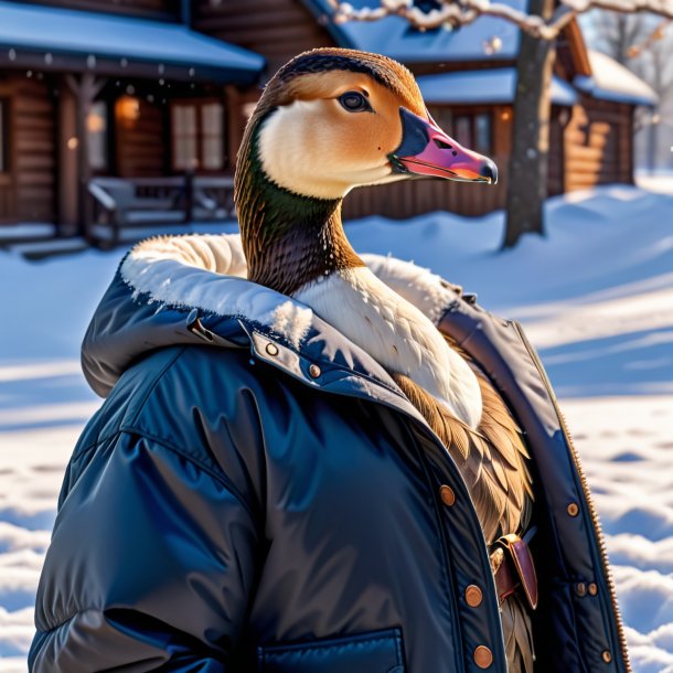 Foto de um ganso em um casaco na neve