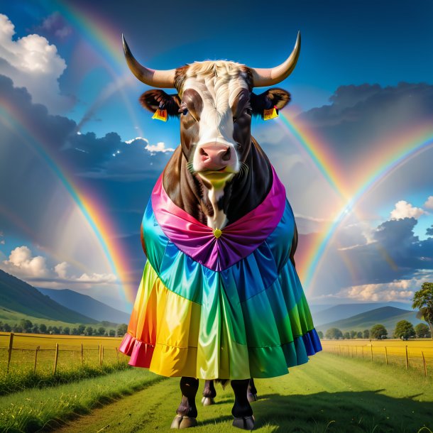 Foto de um touro em um vestido no arco-íris