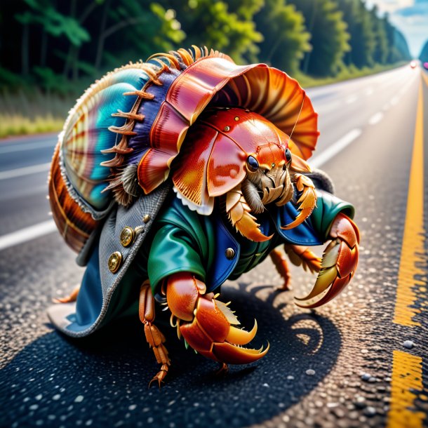 Image of a hermit crab in a coat on the highway