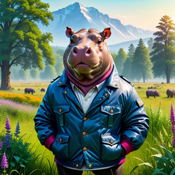 Picture of a hippopotamus in a jacket in the meadow