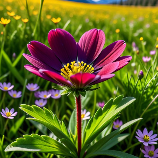 "depicting of a maroon crowfoot, meadow"