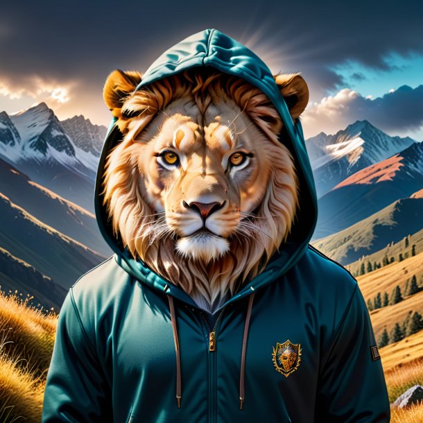 Photo of a lion in a hoodie in the mountains