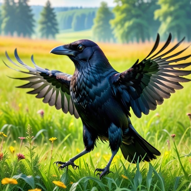 Foto de uma dança de um corvo no prado