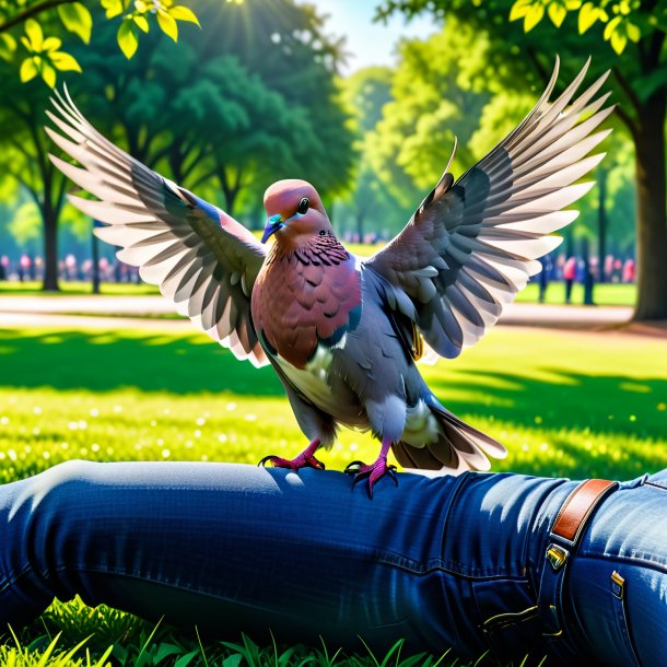 Foto de uma pomba em um jeans no parque