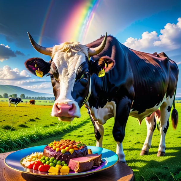 Pic d'un repas d'une vache sur l'arc-en-ciel