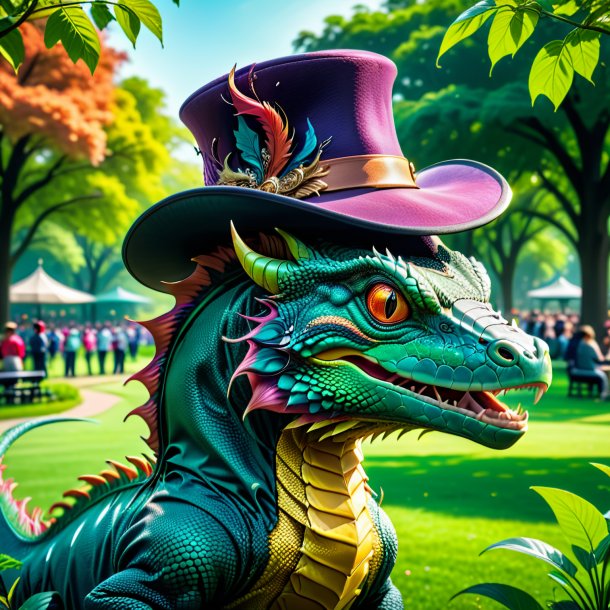 Image of a basilisk in a hat in the park