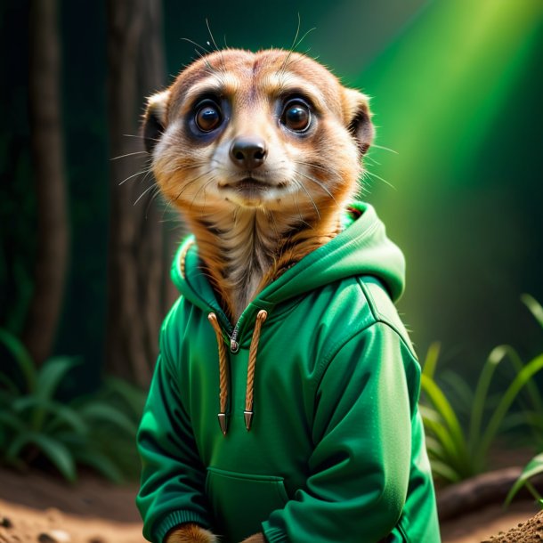 Photo of a meerkat in a green hoodie