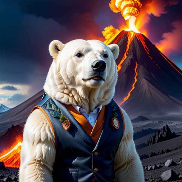 Photo of a polar bear in a vest in the volcano