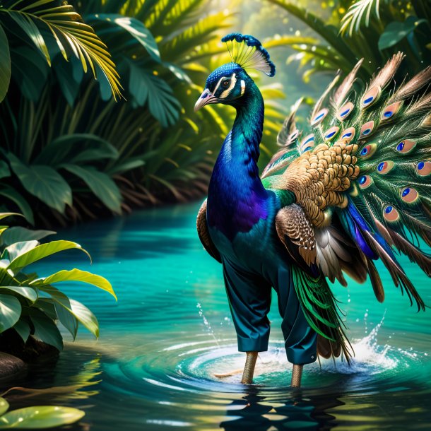 Imagen de un pavo real en un pantalón en el agua