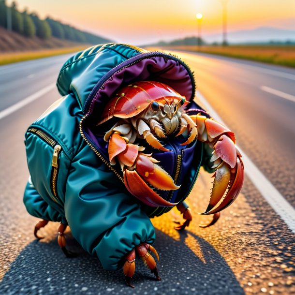 Photo d'un crabe ermite dans une veste sur l'autoroute