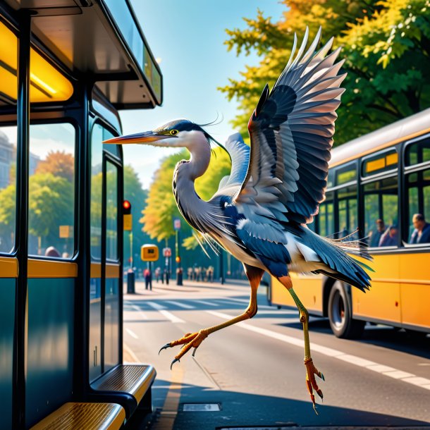 Picture of a jumping of a heron on the bus stop