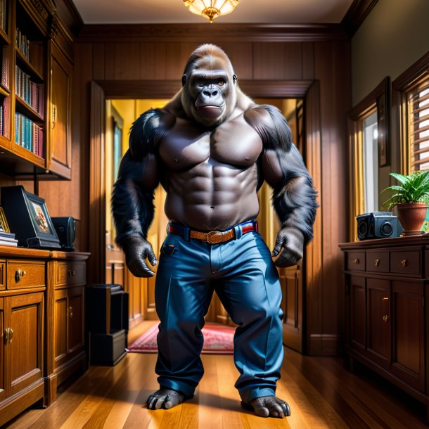 Photo of a gorilla in a trousers in the house