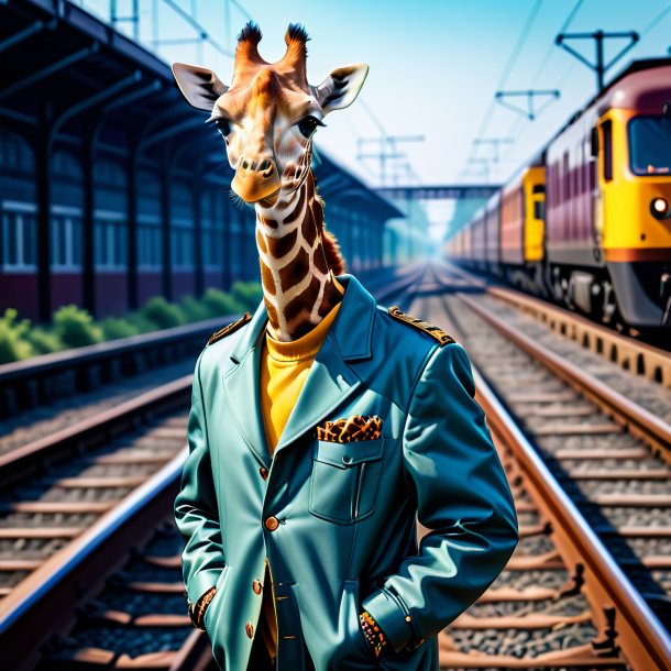 Imagem de uma girafa em uma jaqueta nos trilhos ferroviários