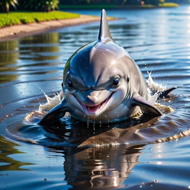 Photo of a angry of a dolphin in the puddle