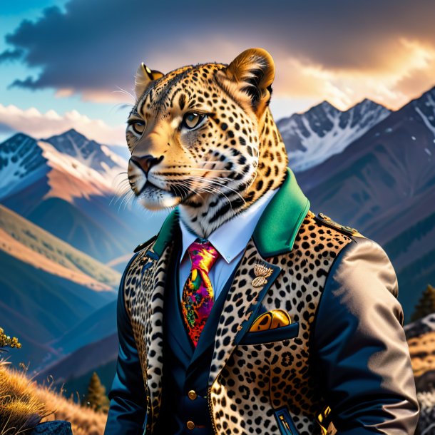 Image of a leopard in a jacket in the mountains