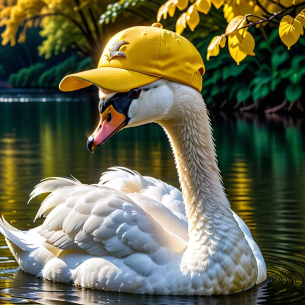 Foto de um cisne em um boné amarelo