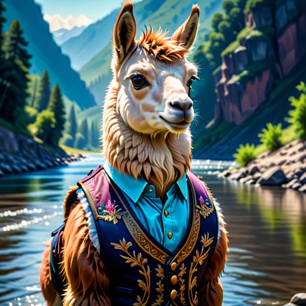 Illustration of a llama in a vest in the river