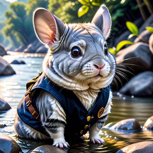 Picture of a chinchillas in a vest in the river