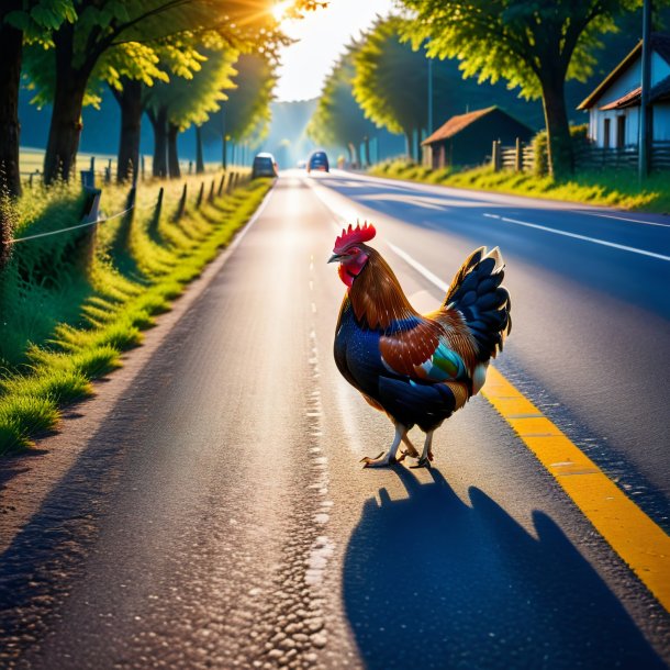 Foto de uma espera de uma galinha na estrada