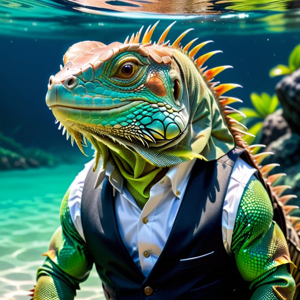 Pic of a iguana in a vest in the water