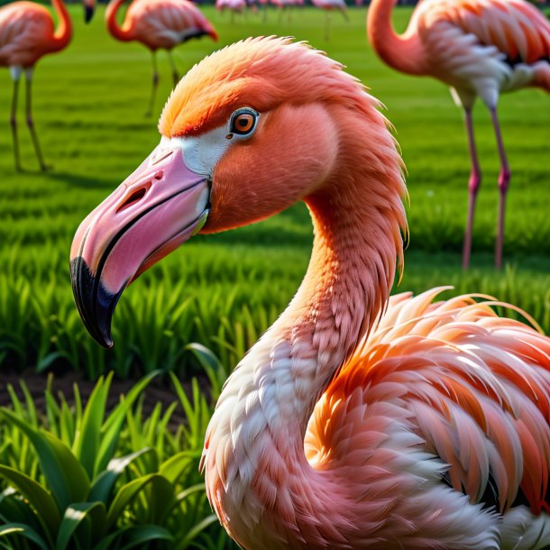 Photo of a smiling of a flamingo on the field