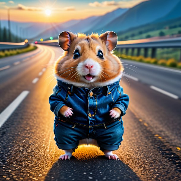 Foto de um hamster em um jeans na estrada