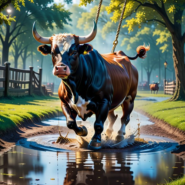 Image of a swinging on a swing of a bull in the puddle