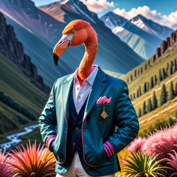 Foto de um flamingo em uma jaqueta nas montanhas