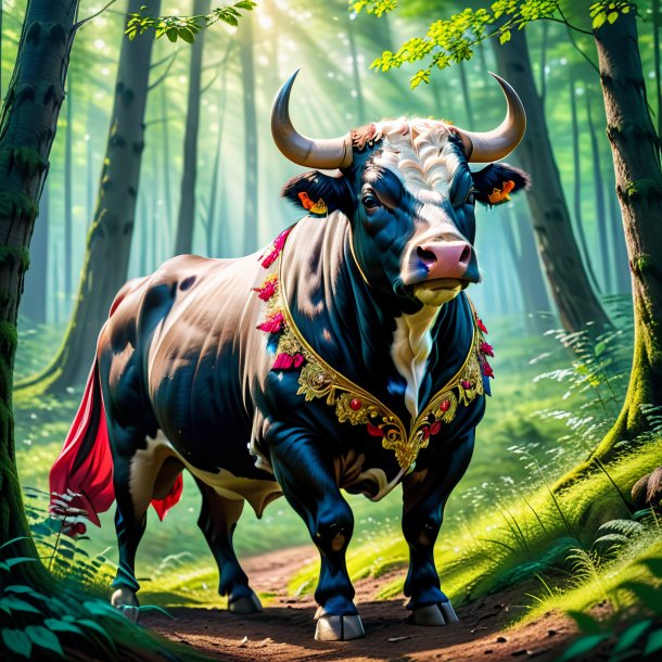 Photo of a bull in a dress in the forest