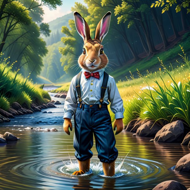 Illustration of a hare in a trousers in the river