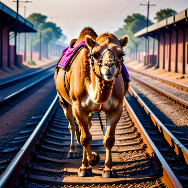 Pic of a camel in a belt on the railway tracks