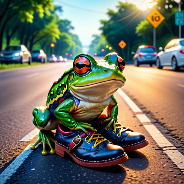 Pic of a frog in a shoes on the road