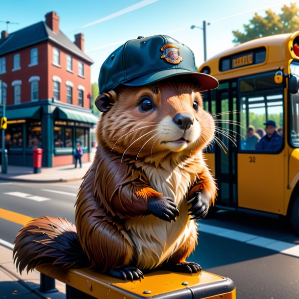 Drawing of a beaver in a cap on the bus stop