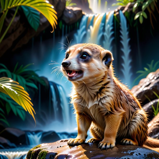 Image of a crying of a meerkat in the waterfall