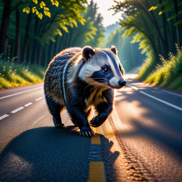 Photo d'un jeu de blaireau sur la route