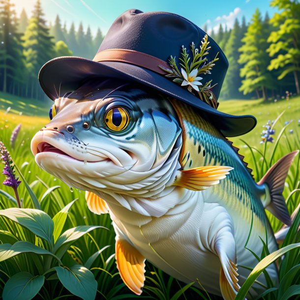 Illustration of a haddock in a hat in the meadow