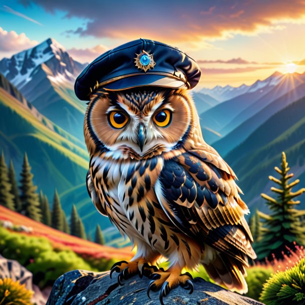 Picture of a owl in a cap in the mountains