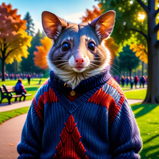 Photo of a possum in a sweater in the park