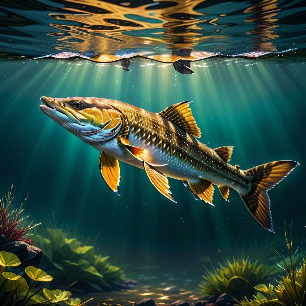 Drawing of a pike in a coat in the water